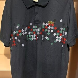 Lacoste Black Polo with Red, Green and Gray Diamond Print